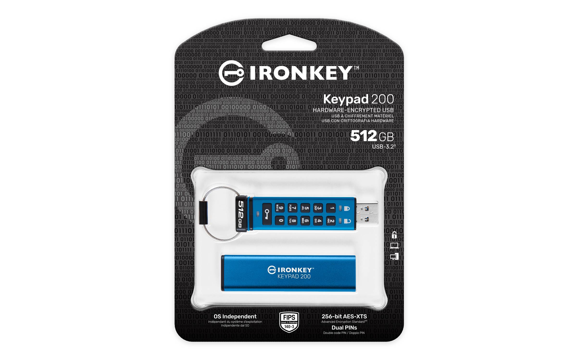 Verpackung für IRONKEY Keypad 200 verschlüsselter USB-Stick, 512GB, mit blauem Fingerabdruck-Tastenfeld und USB-Stick in Blisterverpackung dargestellt.
