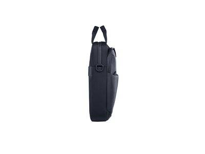 Ein schwarzer Rucksack, von der Seite gesehen, mit einem schlichten und minimalistischen Design, ausgestattet mit einem Tragegriff und einer Seitentasche.
