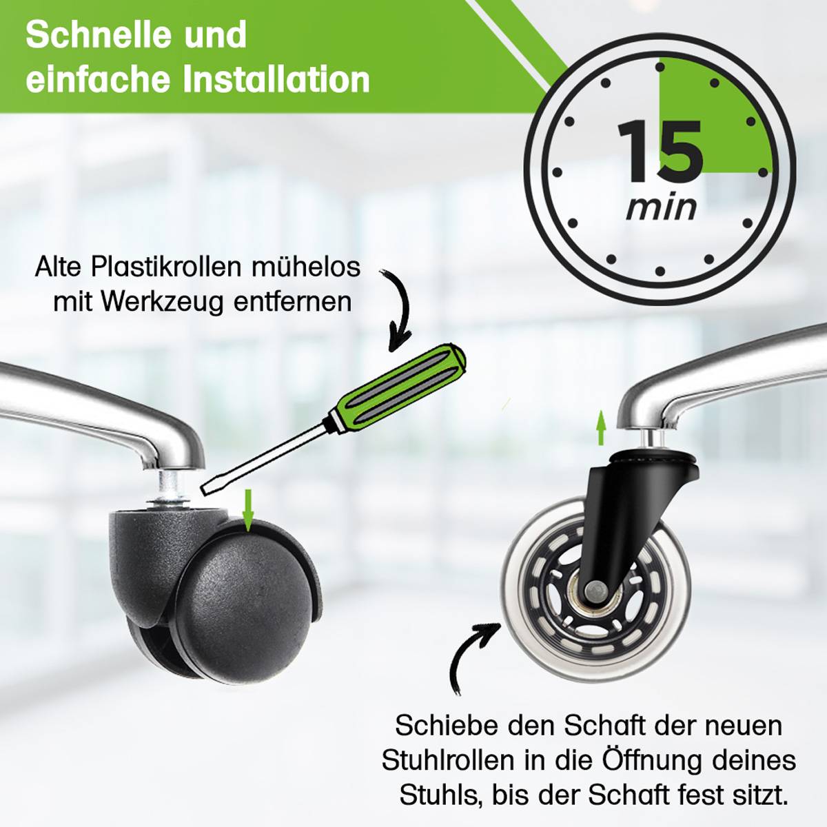 5 Stk. Gummi Bürostuhlrollen Set transparent 11x22mm Ersatzräder Rollen für Bürostühle - Leise, Schutz vor Kratzern