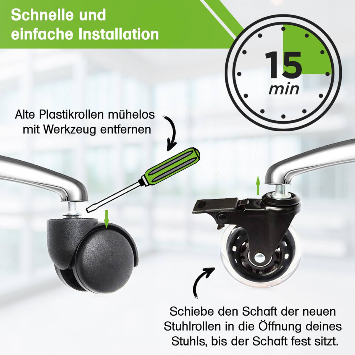 5 Stk. Gummi Bürostuhlrollen mit Bremse transparent 11x22mm Ersatzräder Rollen für Bürostühle Leise, Schutz vor Kratzern