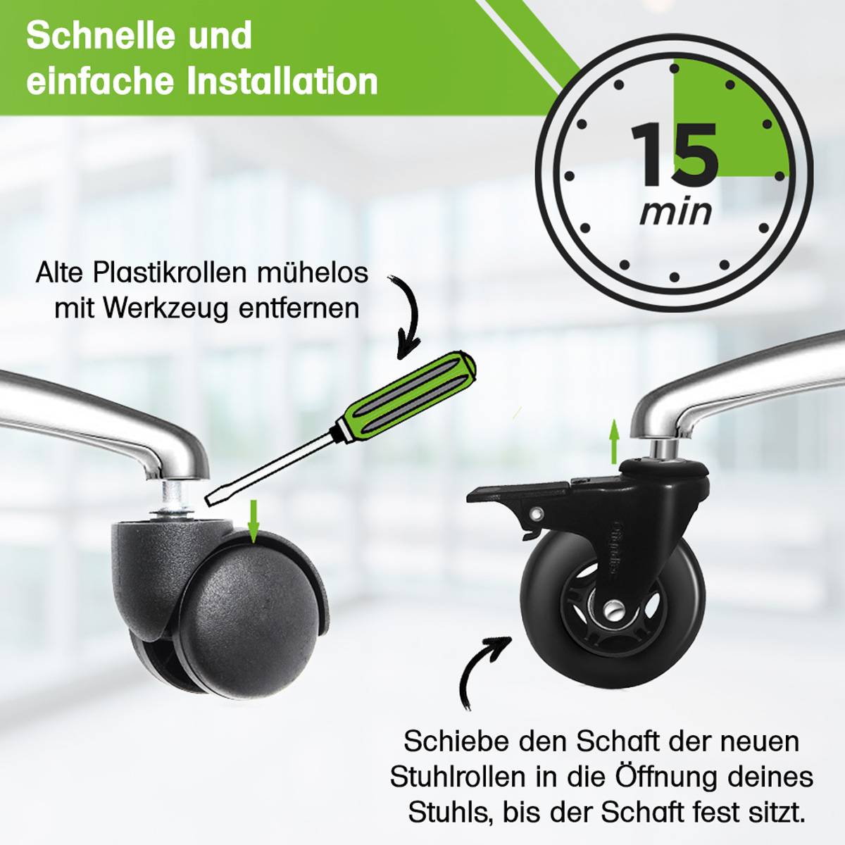 5 Stk. Gummi Bürostuhlrollen mit Bremse schwarz 11x22mm Ersatzräder Rollen für Bürostühle - Leise, Schutz vor Kratzern