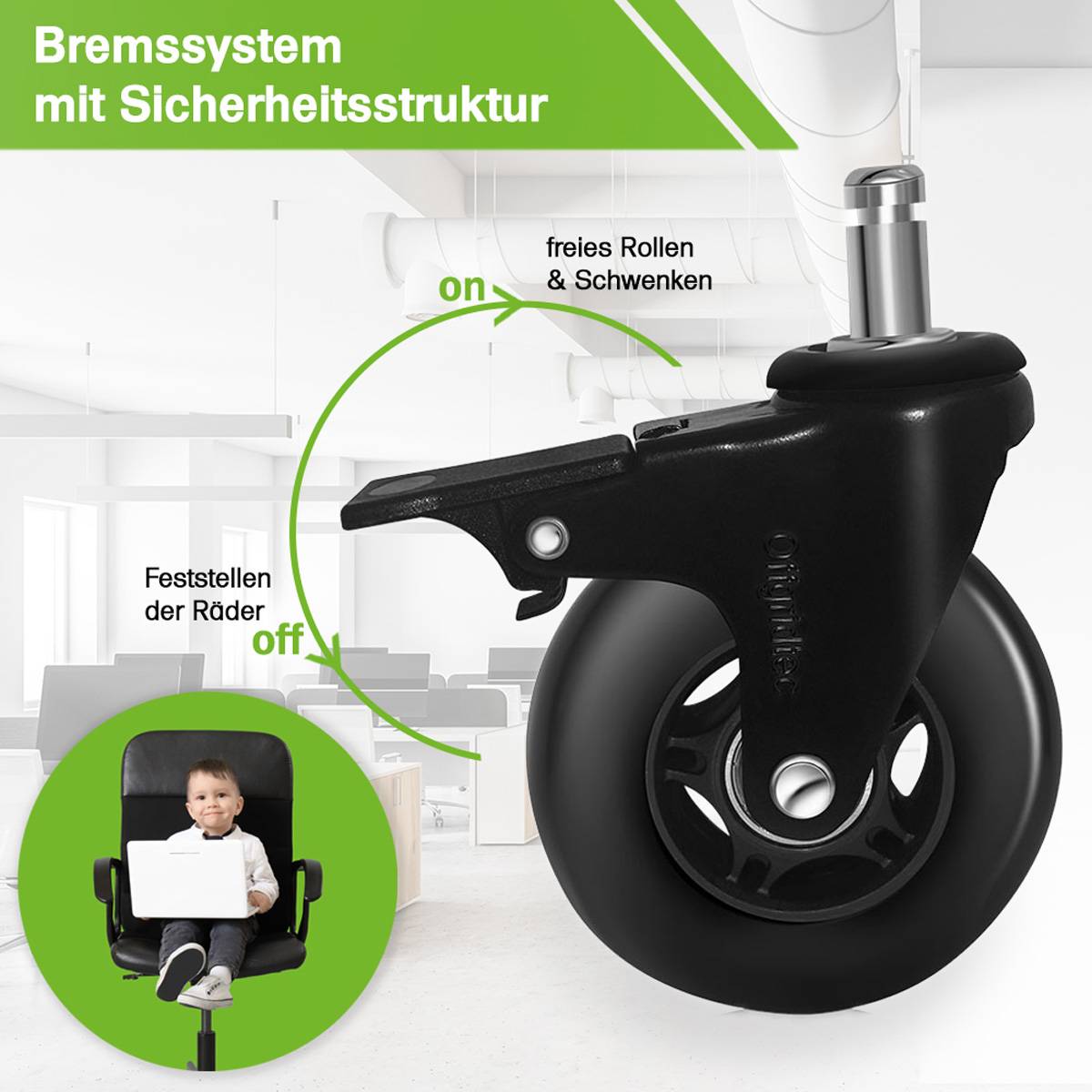 5 Stk. Gummi Bürostuhlrollen mit Bremse schwarz 11x22mm Ersatzräder Rollen für Bürostühle - Leise, Schutz vor Kratzern