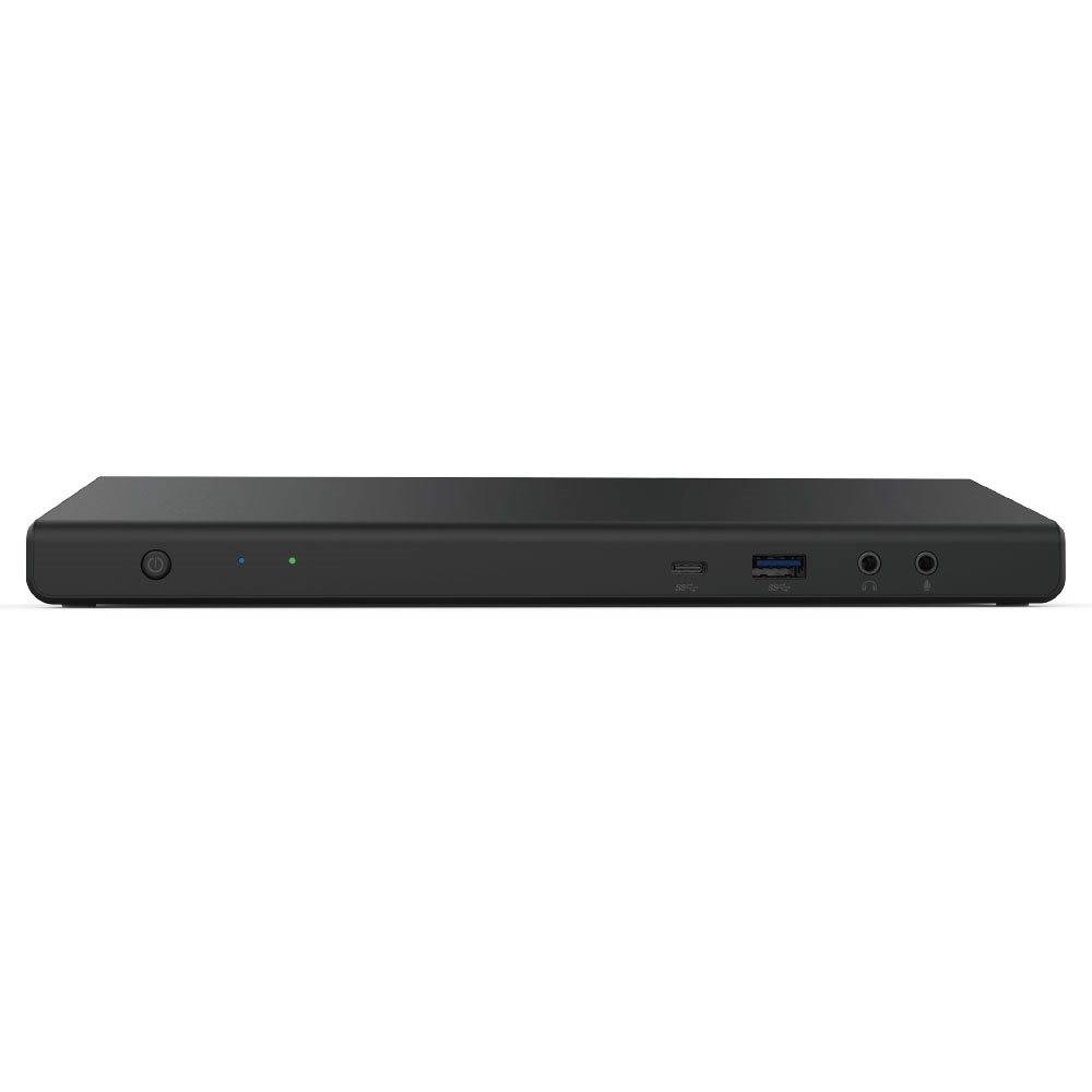Ein schlanker, schwarzer Laptop von der Seite betrachtet, der einen USB-Anschluss, eine Kopfhörerbuchse und einen Ein-/Ausschalter zeigt.