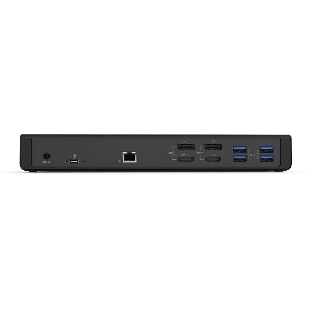 Eine Dockingstation mit verschiedenen Anschlüssen: Stromanschluss, USB-C, Ethernet, mehrere HDMI-Ports und vier USB-A-Anschlüssen zum Anschließen von Geräten.