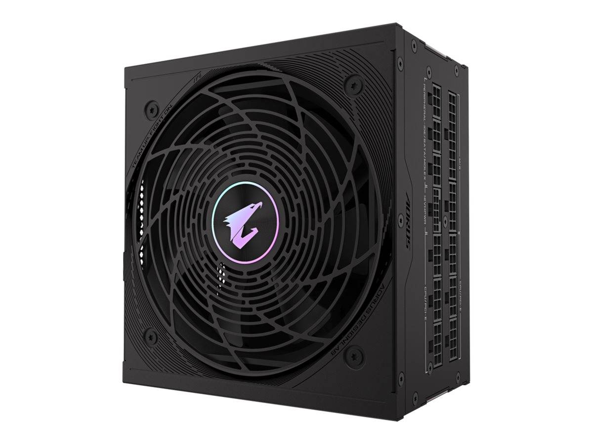 Eine schwarze Computernetzteile mit einem großen Lüfter, der ein beleuchtetes Logo in der Mitte trägt, umgeben von Lüftungslöchern.