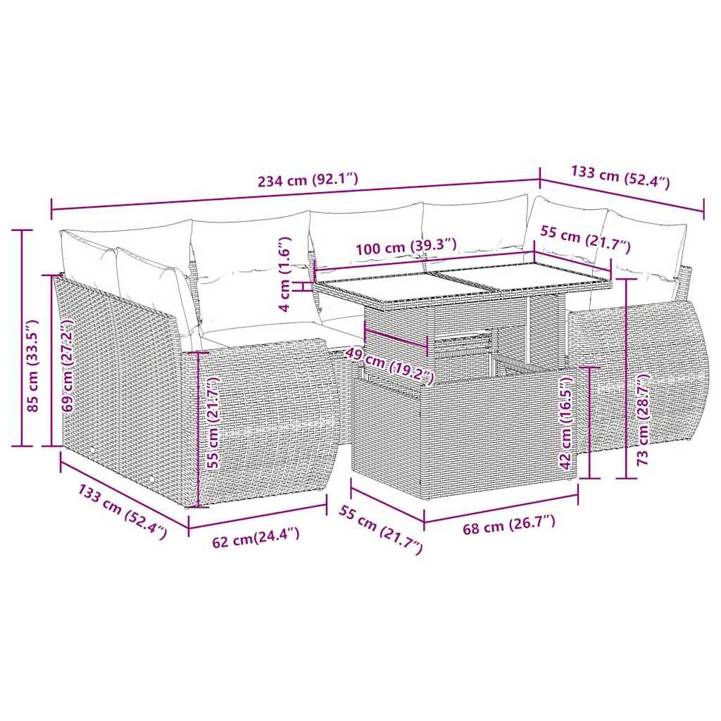vidaXL 7-tlg. Garten-Sofagarnitur mit Kissen Hellgrau Poly Rattan