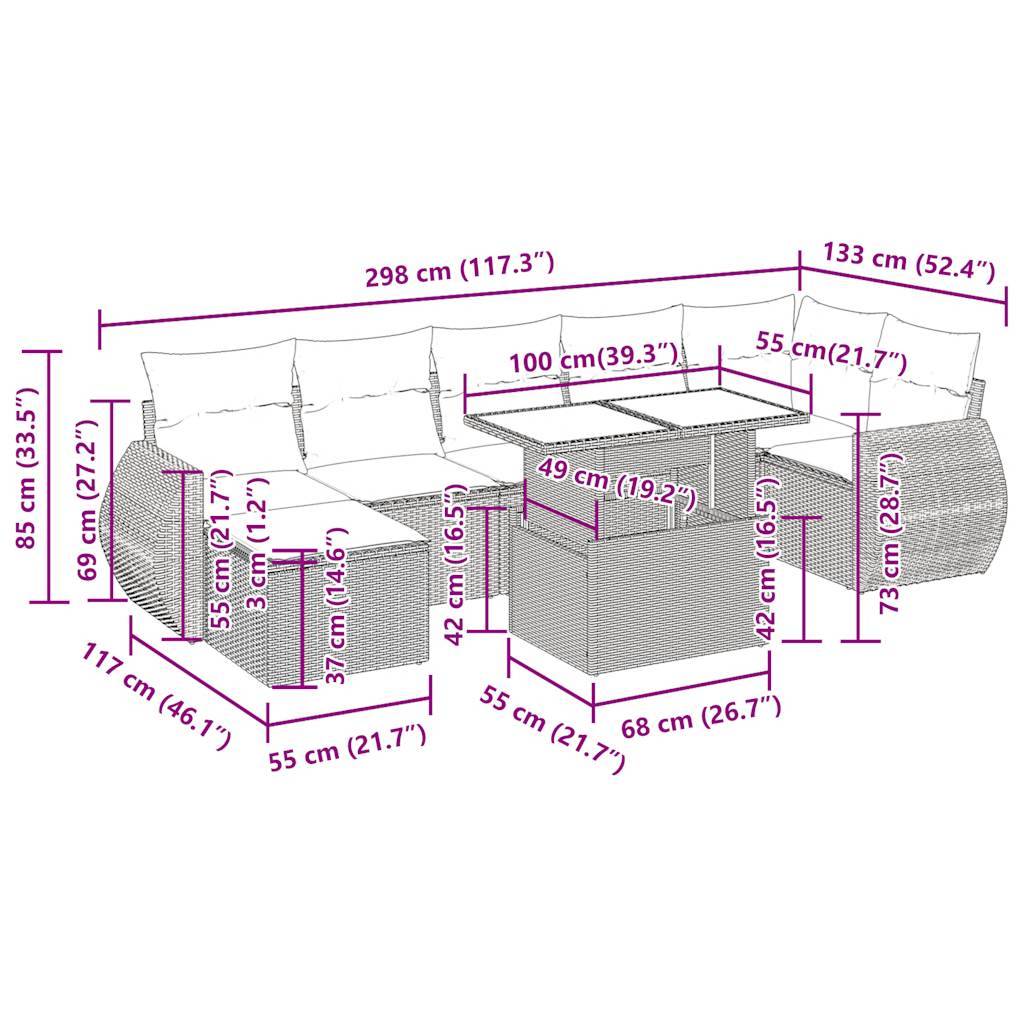 vidaXL 8-tlg. Garten-Sofagarnitur mit Kissen Hellgrau Poly Rattan
