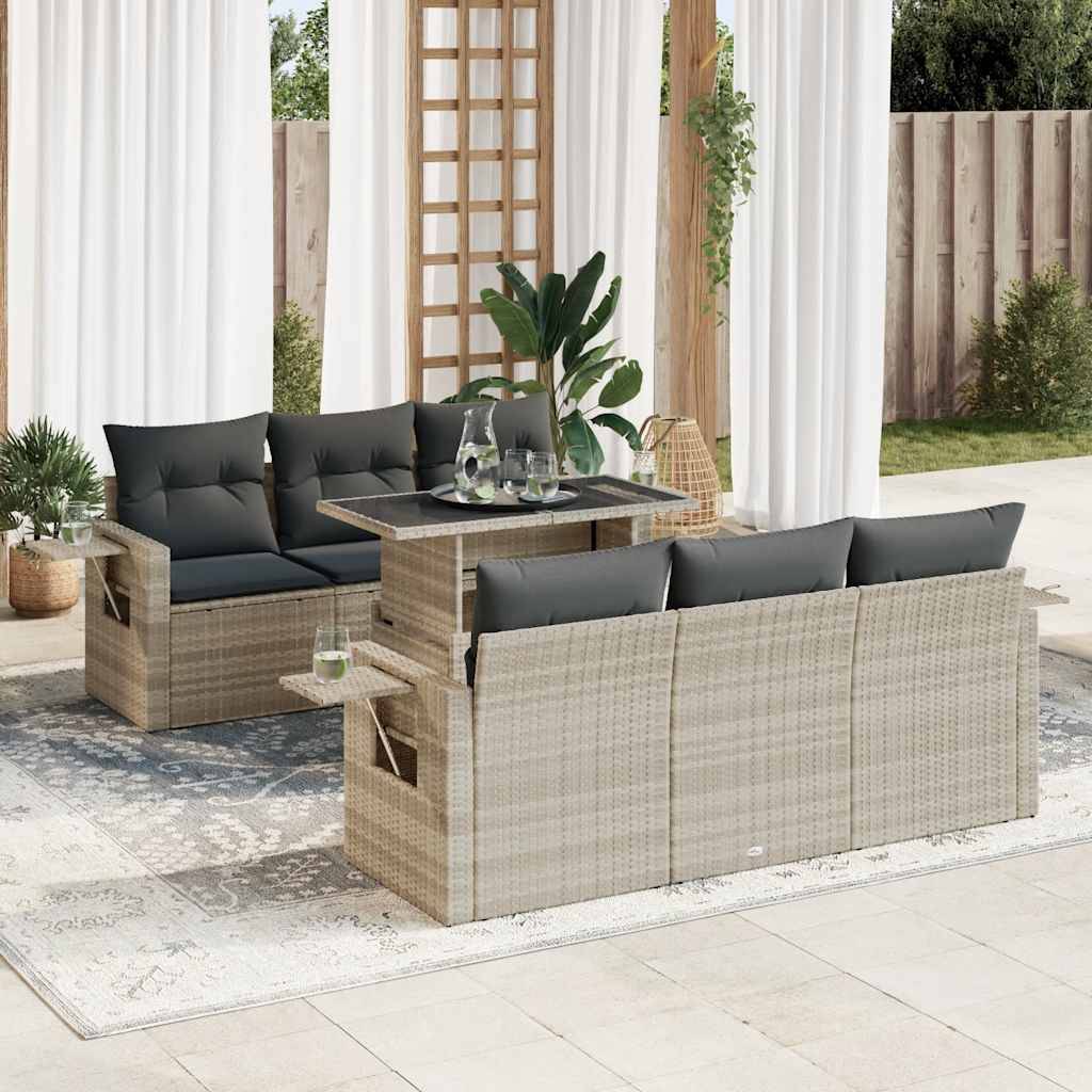 vidaXL 7-tlg. Garten-Sofagarnitur mit Kissen Hellgrau Poly Rattan