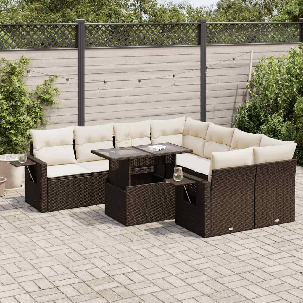 vidaXL 9-tlg. Garten-Sofagarnitur mit Kissen Braun Poly Rattan