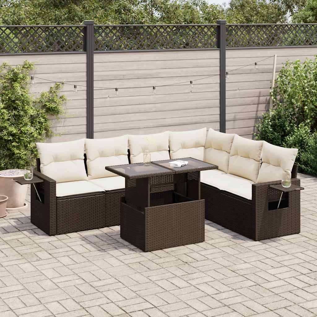vidaXL 7-tlg. Garten-Sofagarnitur mit Kissen Braun Poly Rattan
