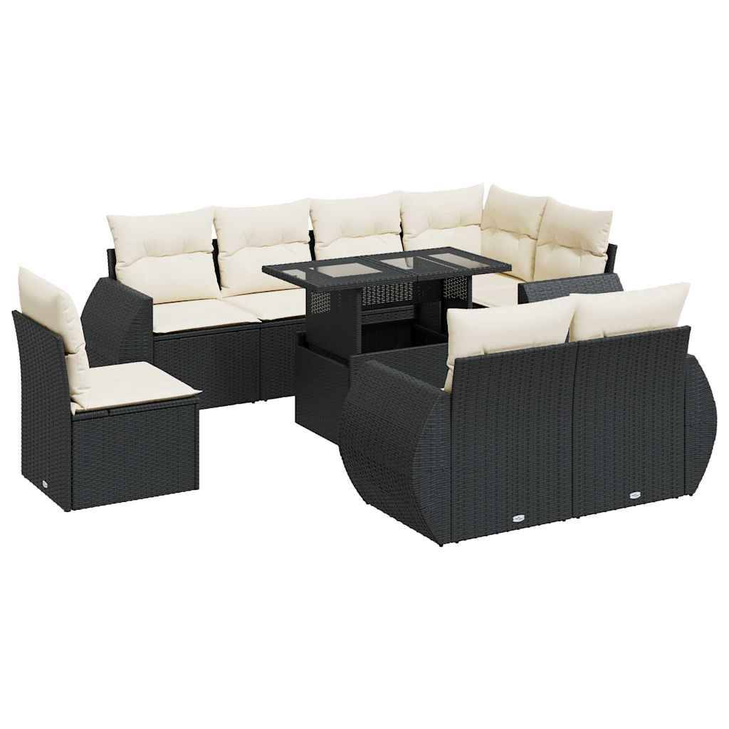 vidaXL 9-tlg. Garten-Sofagarnitur mit Kissen Schwarz Poly Rattan