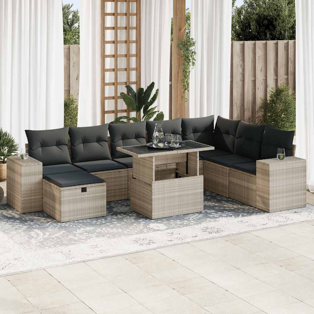 vidaXL 9-tlg. Garten-Sofagarnitur mit Kissen Hellgrau Poly Rattan