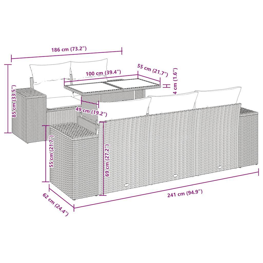 vidaXL 6-tlg. Garten-Sofagarnitur mit Kissen Schwarz Poly Rattan