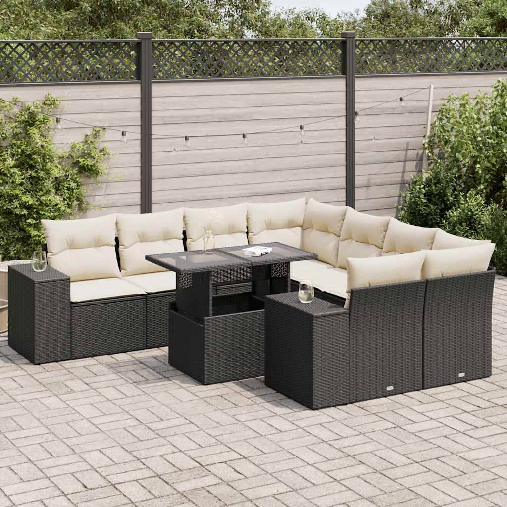 vidaXL 9-tlg. Garten-Sofagarnitur mit Kissen Schwarz Poly Rattan