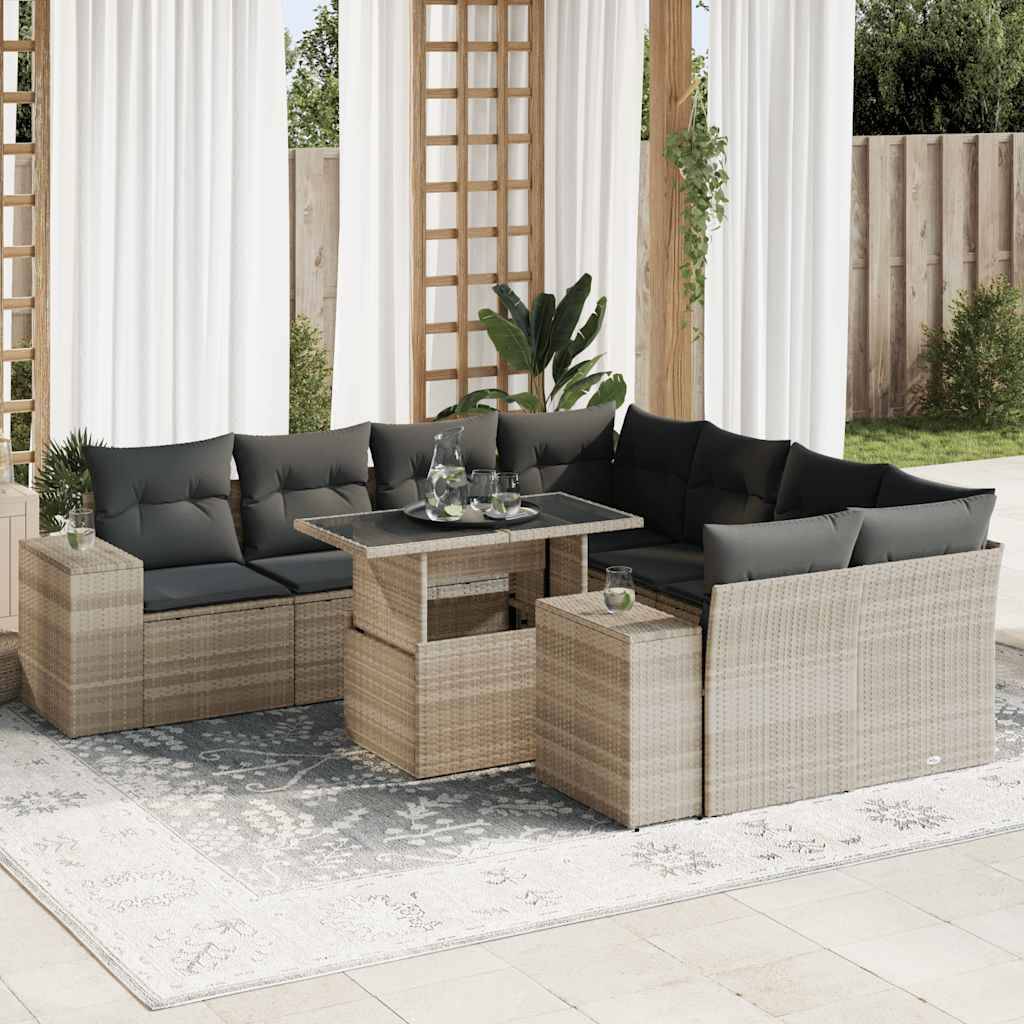 vidaXL 9-tlg. Garten-Sofagarnitur mit Kissen Hellgrau Poly Rattan