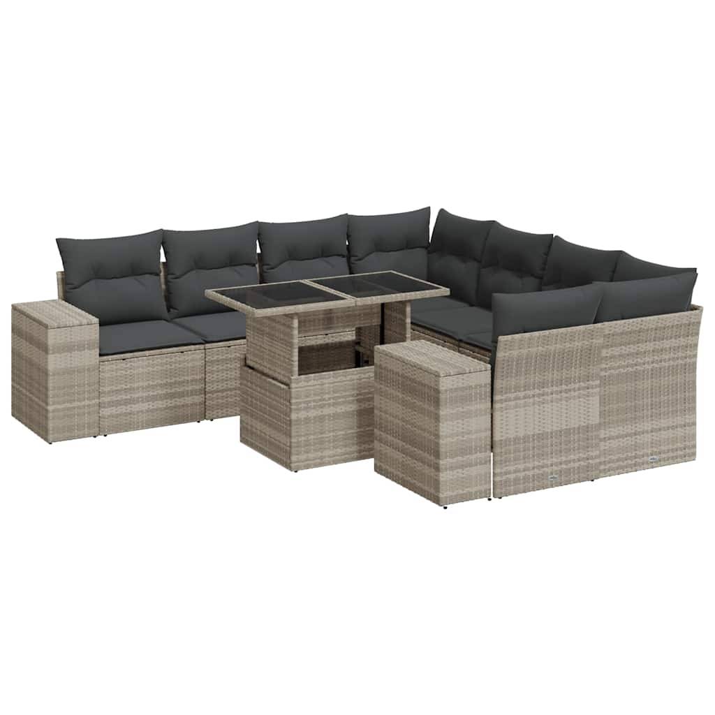 vidaXL 9-tlg. Garten-Sofagarnitur mit Kissen Hellgrau Poly Rattan
