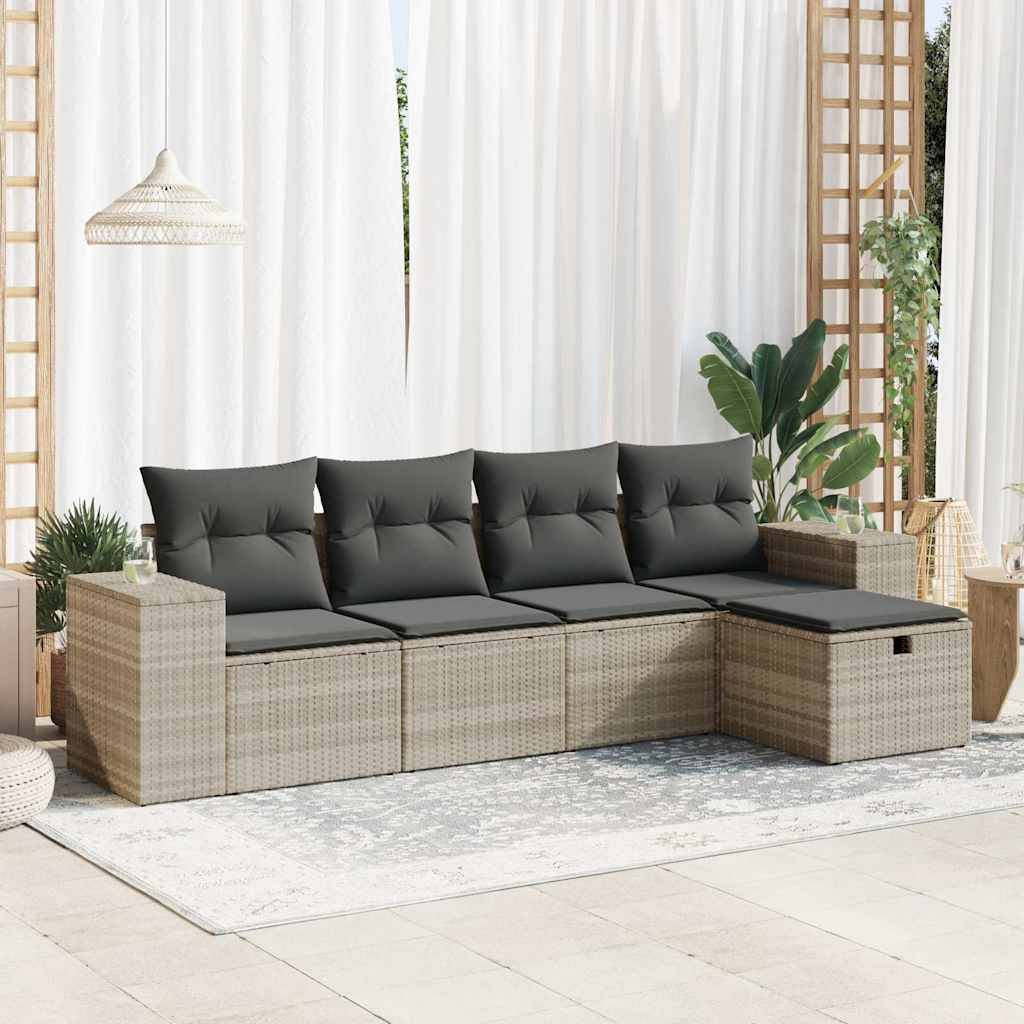 vidaXL 5-tlg. Garten-Sofagarnitur mit Kissen Hellgrau Poly Rattan