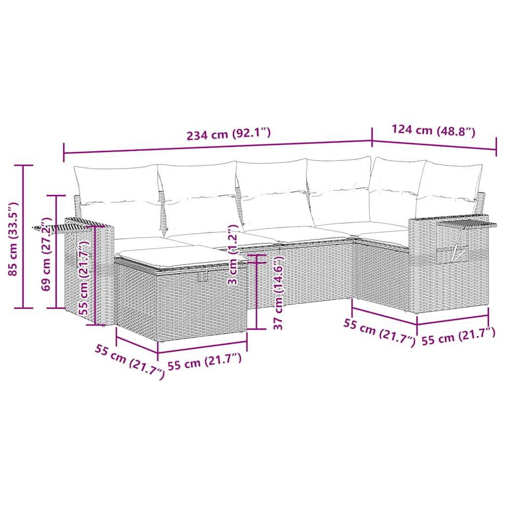 vidaXL 6-tlg. Garten-Sofagarnitur mit Kissen Braun Poly Rattan