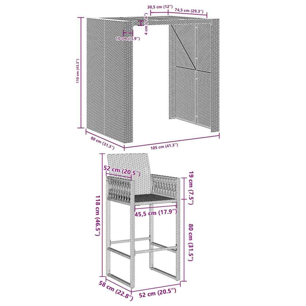 vidaXL 3-tlg. Gartenbar-Set ohne Kissen Grau Poly Rattan Akazie