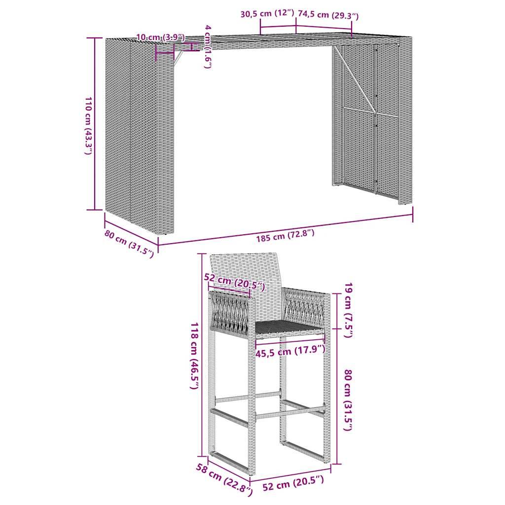 vidaXL 5-tlg. Gartenbar-Set ohne Kissen Schwarz Poly Rattan Akazie