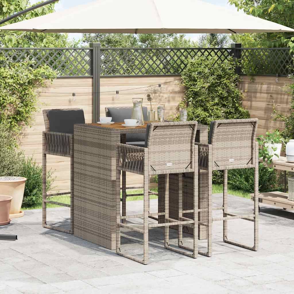 vidaXL 5-tlg. Gartenbar-Set mit Kissen Grau Poly Rattan Akazie