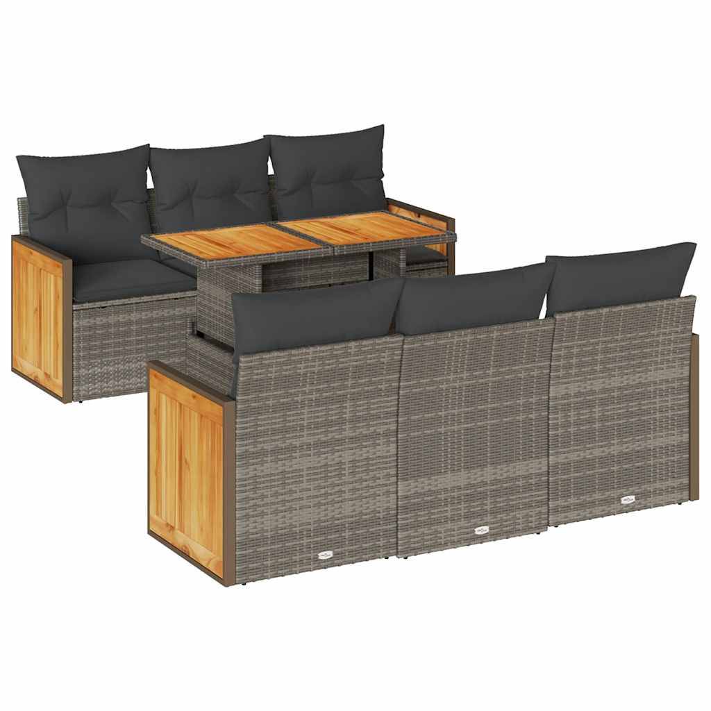 vidaXL 7-tlg. Garten-Sofagarnitur mit Kissen Grau Poly Rattan Akazie