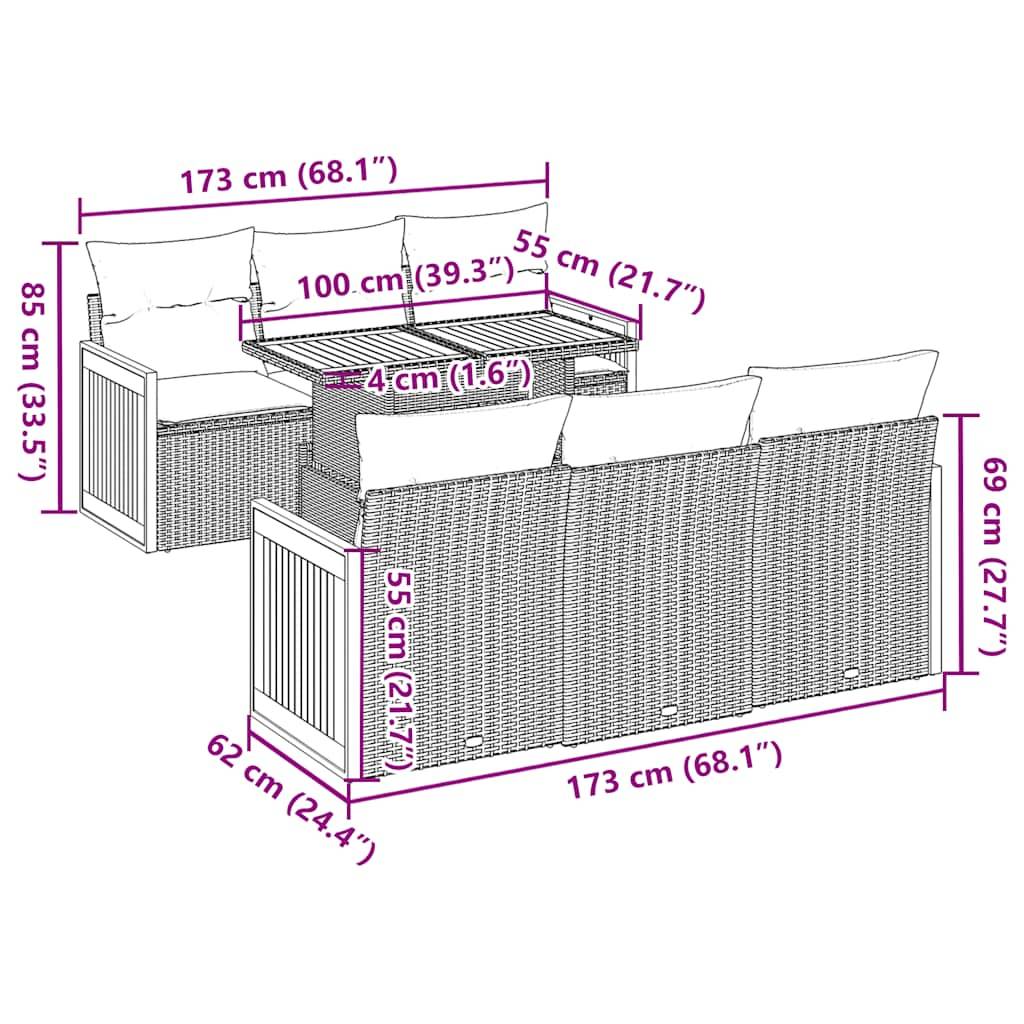 vidaXL 7-tlg. Garten-Sofagarnitur mit Kissen Grau Poly Rattan Akazie