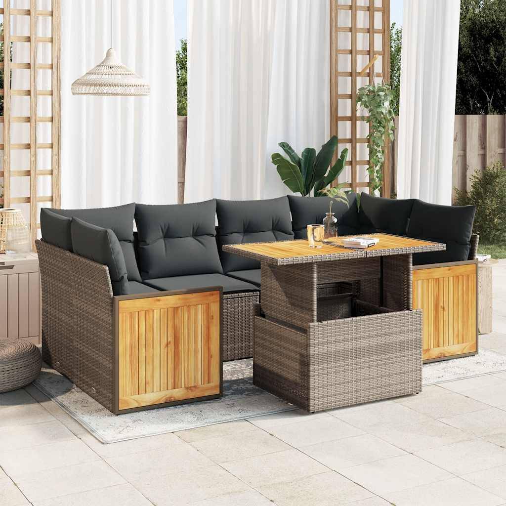 vidaXL 7-tlg. Garten-Sofagarnitur mit Kissen Grau Poly Rattan Akazie