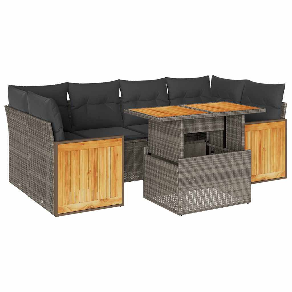 vidaXL 7-tlg. Garten-Sofagarnitur mit Kissen Grau Poly Rattan Akazie