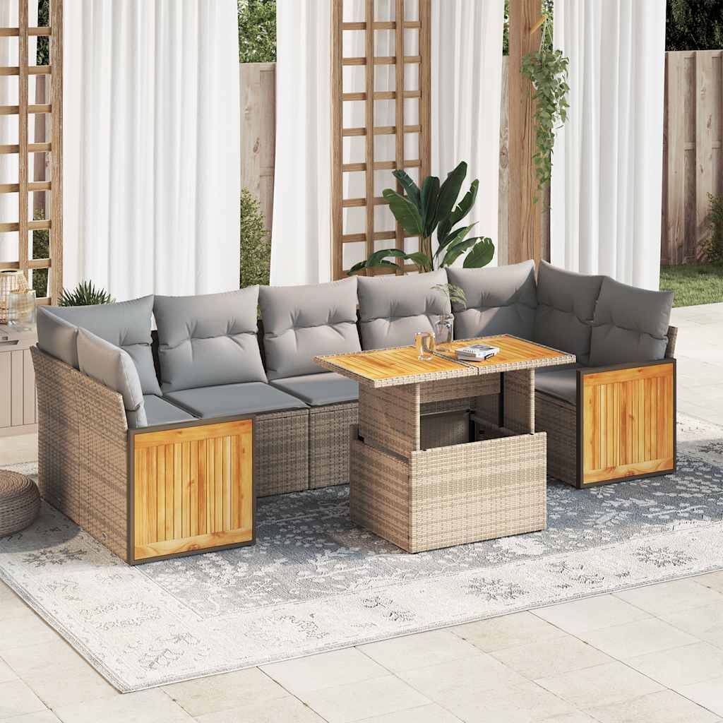 vidaXL 8-tlg. Garten-Sofagarnitur mit Kissen Beige Poly Rattan Akazie