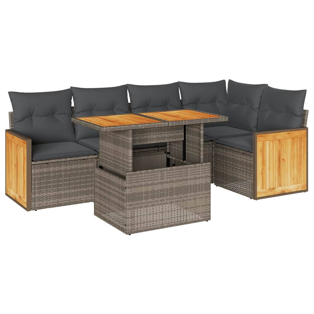 vidaXL 6-tlg. Garten-Sofagarnitur mit Kissen Grau Poly Rattan Akazie