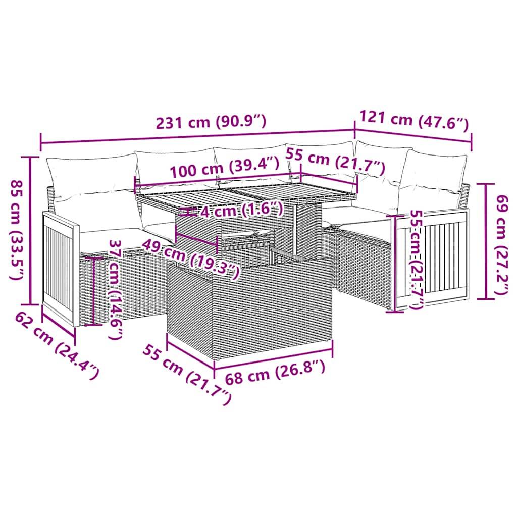 vidaXL 6-tlg. Garten-Sofagarnitur mit Kissen Grau Poly Rattan Akazie