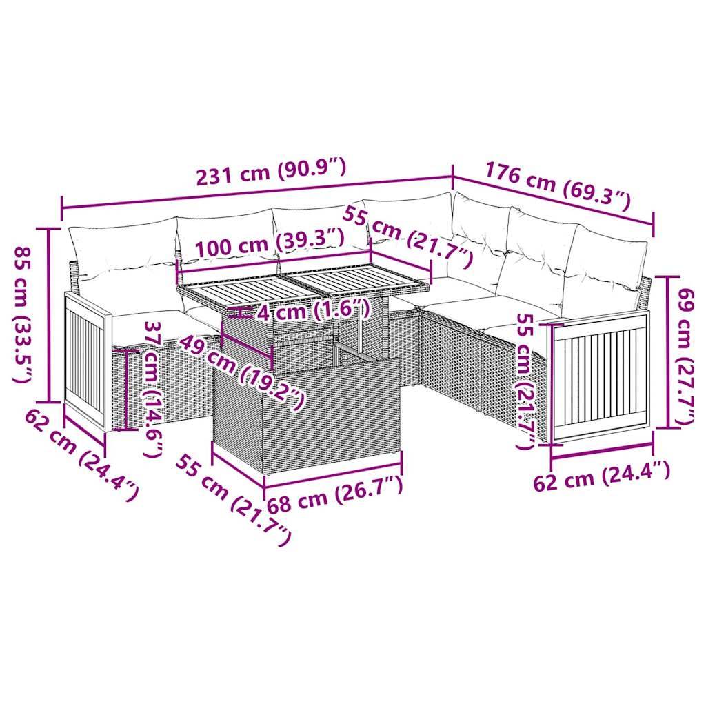 vidaXL 7-tlg. Garten-Sofagarnitur mit Kissen Beige Poly Rattan Akazie