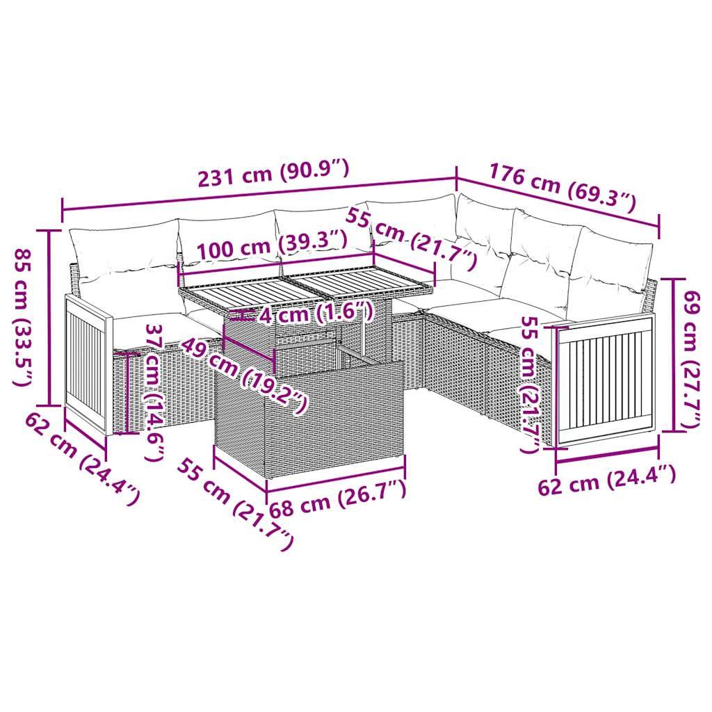 vidaXL 7-tlg. Garten-Sofagarnitur mit Kissen Grau Poly Rattan Akazie