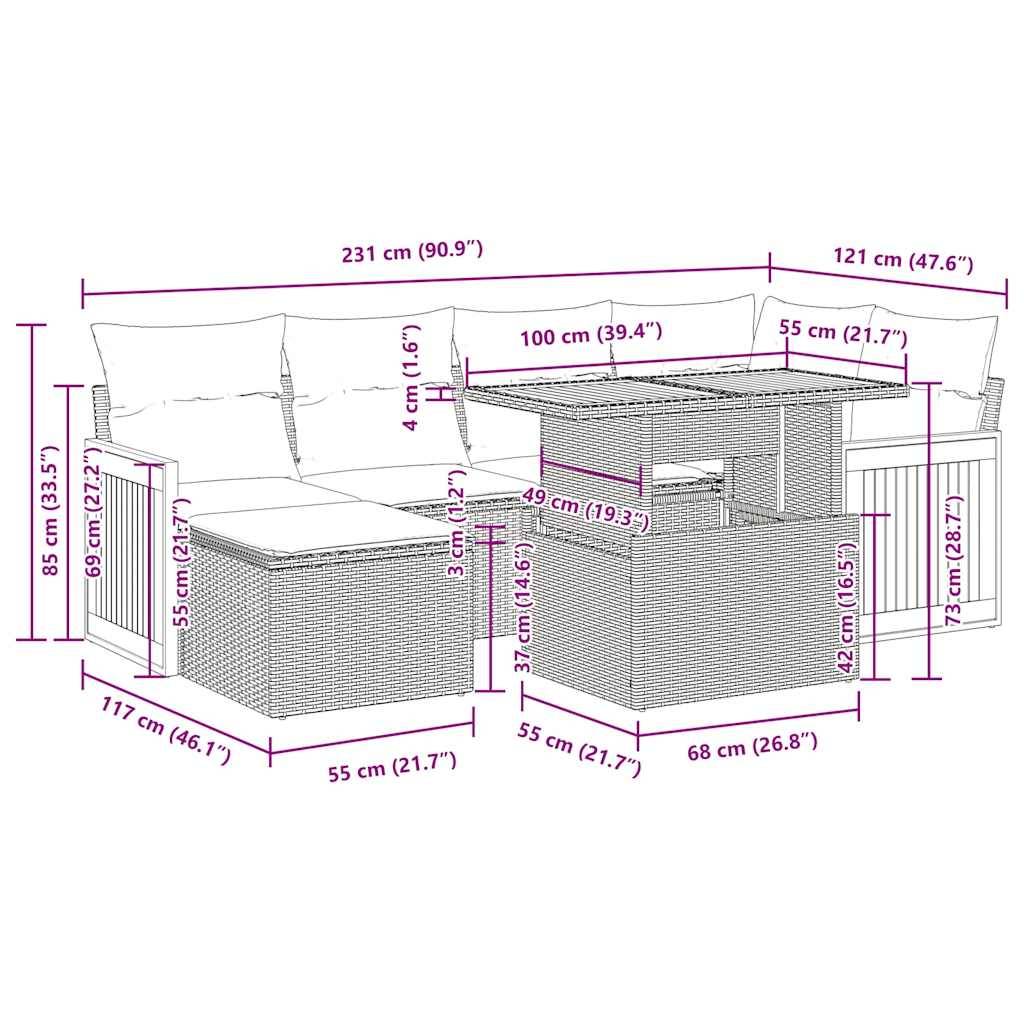 vidaXL 7-tlg. Garten-Sofagarnitur mit Kissen Grau Poly Rattan Akazie