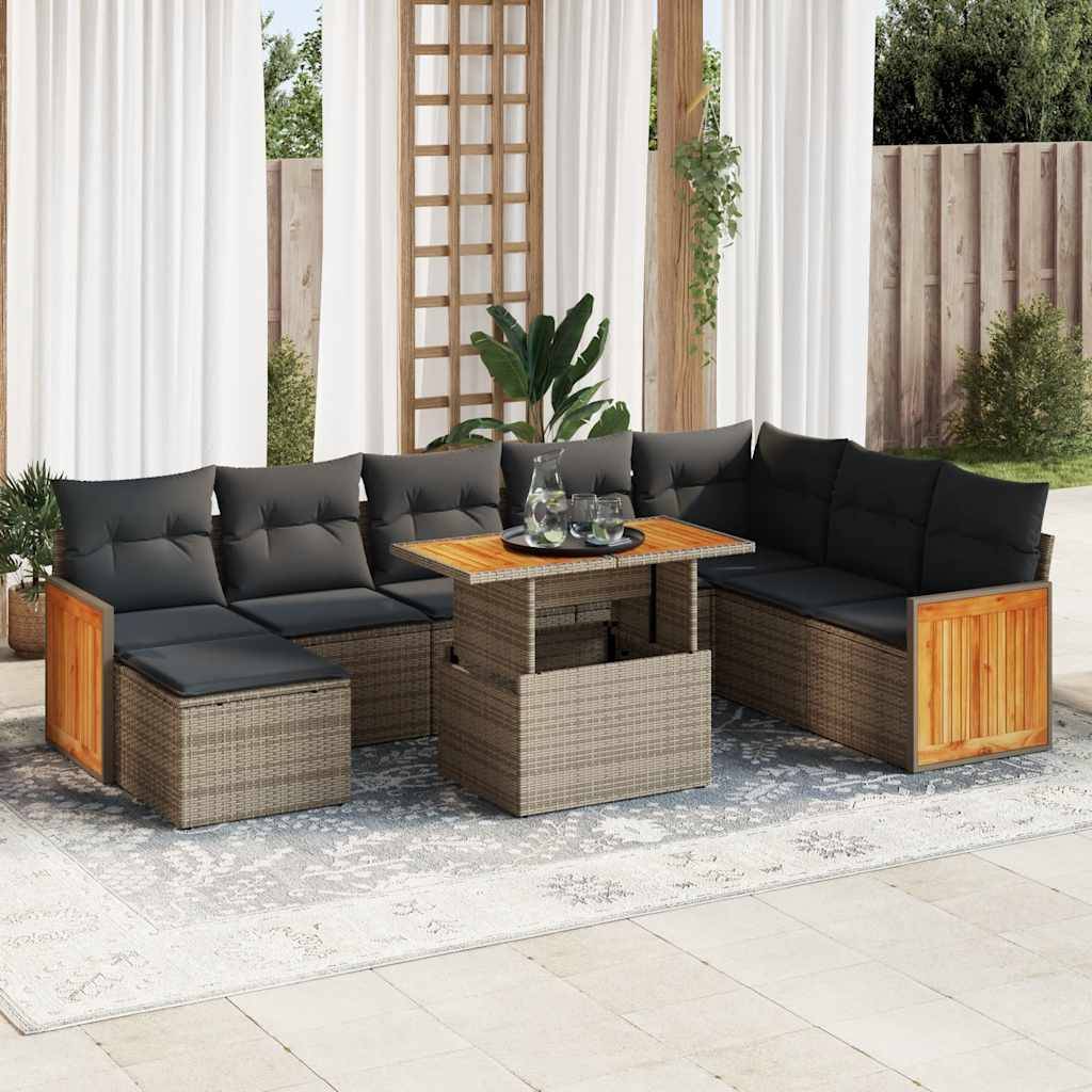 vidaXL 9-tlg. Garten-Sofagarnitur mit Kissen Grau Poly Rattan Akazie
