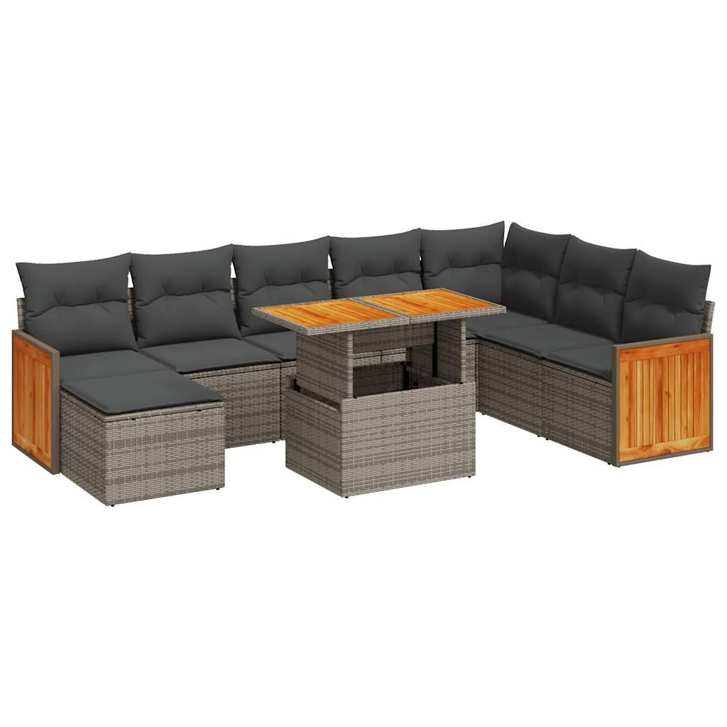 vidaXL 9-tlg. Garten-Sofagarnitur mit Kissen Grau Poly Rattan Akazie