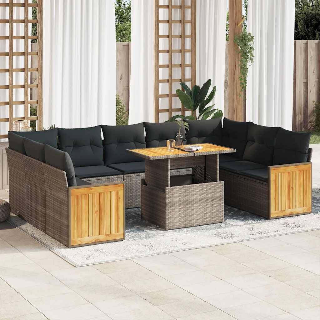 vidaXL 10-tlg. Garten-Sofagarnitur mit Kissen Grau Poly Rattan Akazie