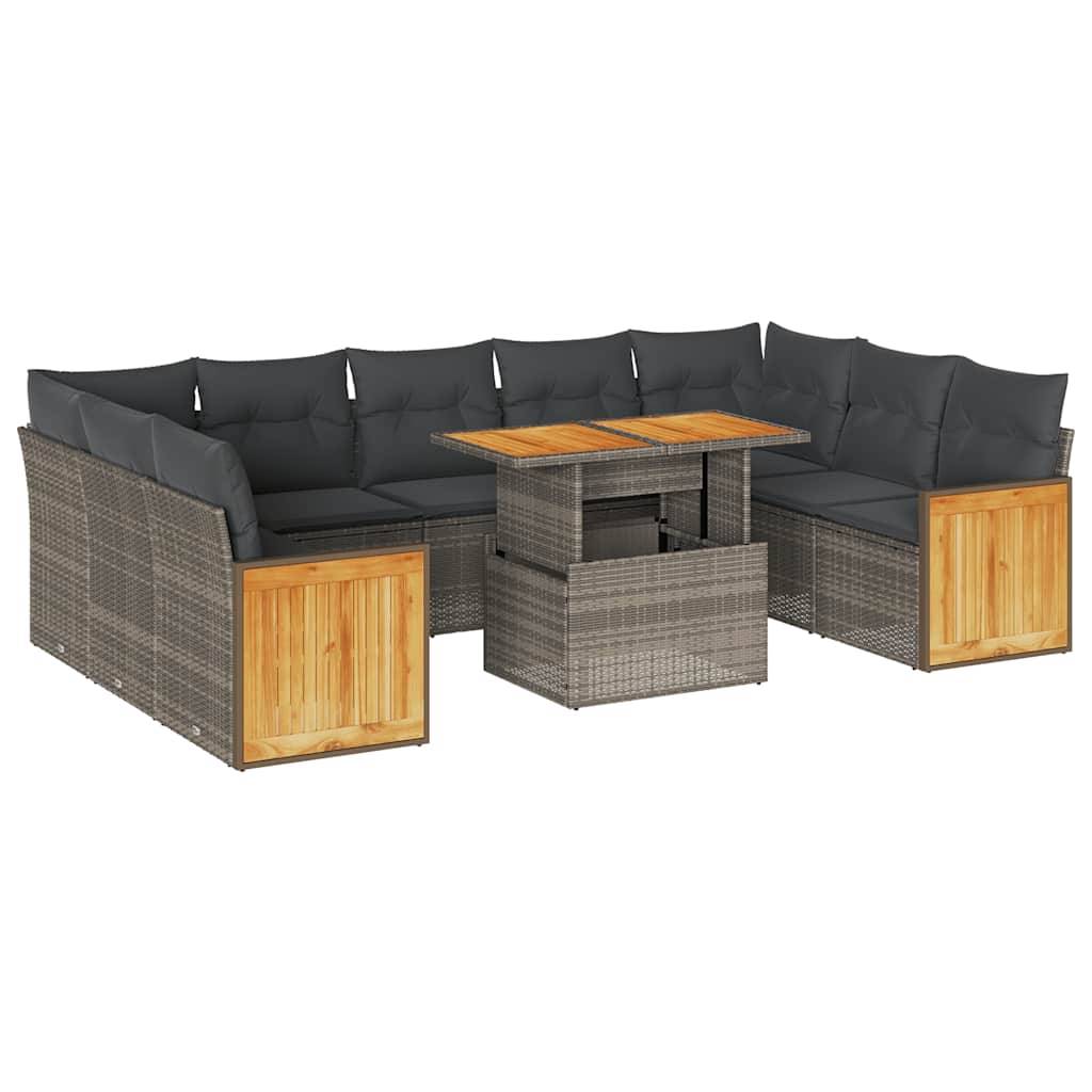 vidaXL 10-tlg. Garten-Sofagarnitur mit Kissen Grau Poly Rattan Akazie