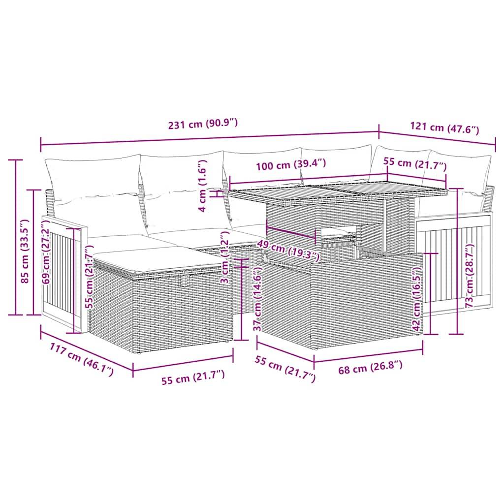 vidaXL 8-tlg. Garten-Sofagarnitur mit Kissen Grau Poly Rattan
