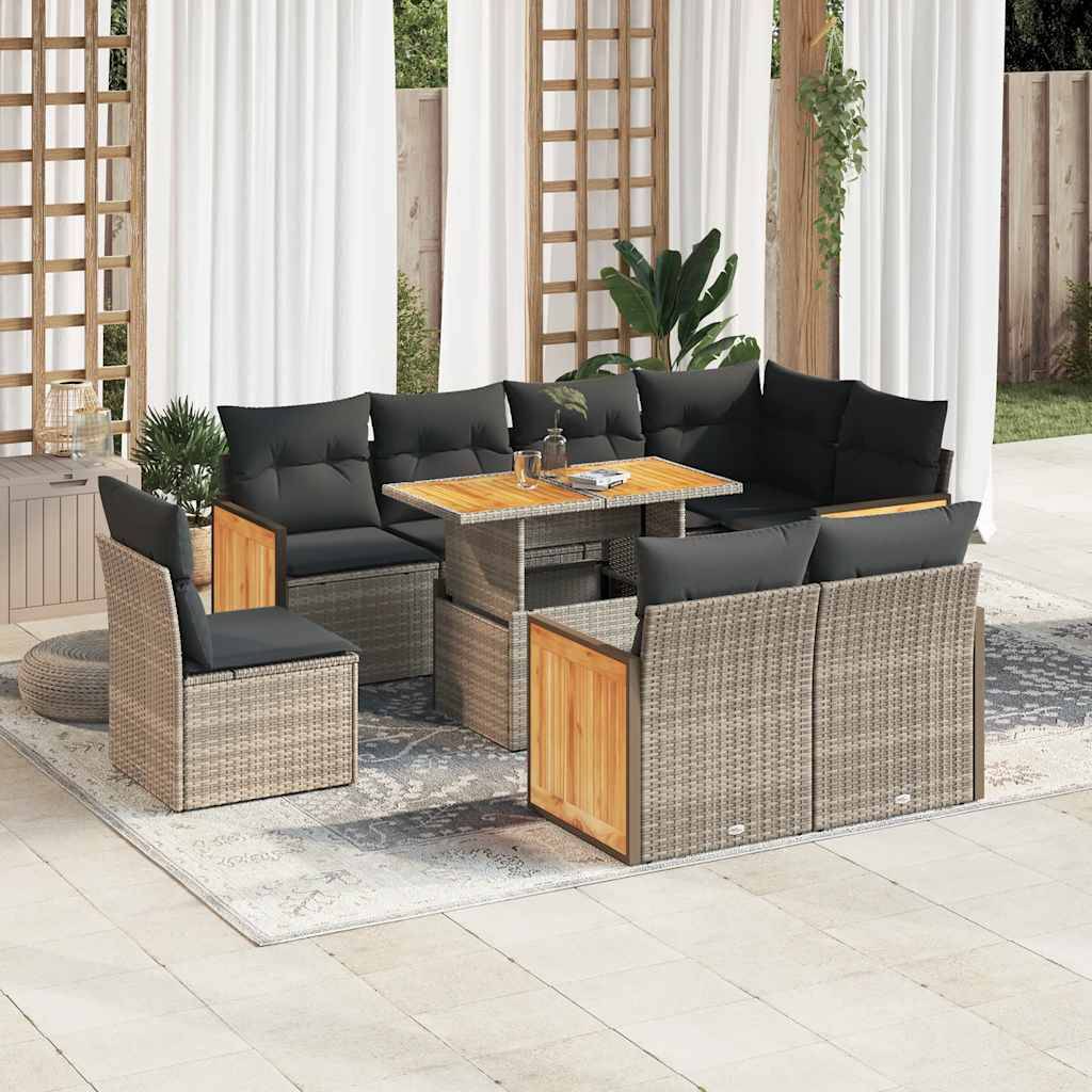 vidaXL 9-tlg. Garten-Sofagarnitur mit Kissen Grau Poly Rattan Akazie