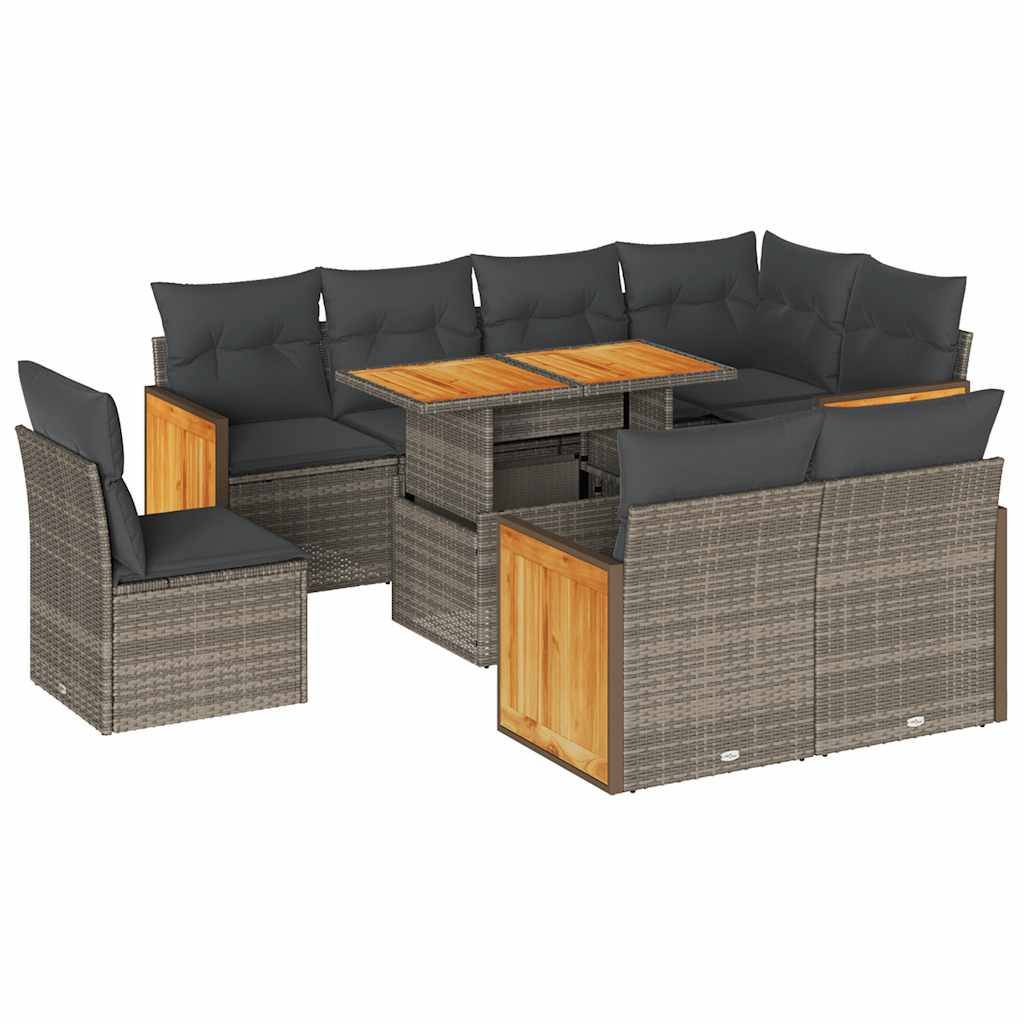 vidaXL 9-tlg. Garten-Sofagarnitur mit Kissen Grau Poly Rattan Akazie