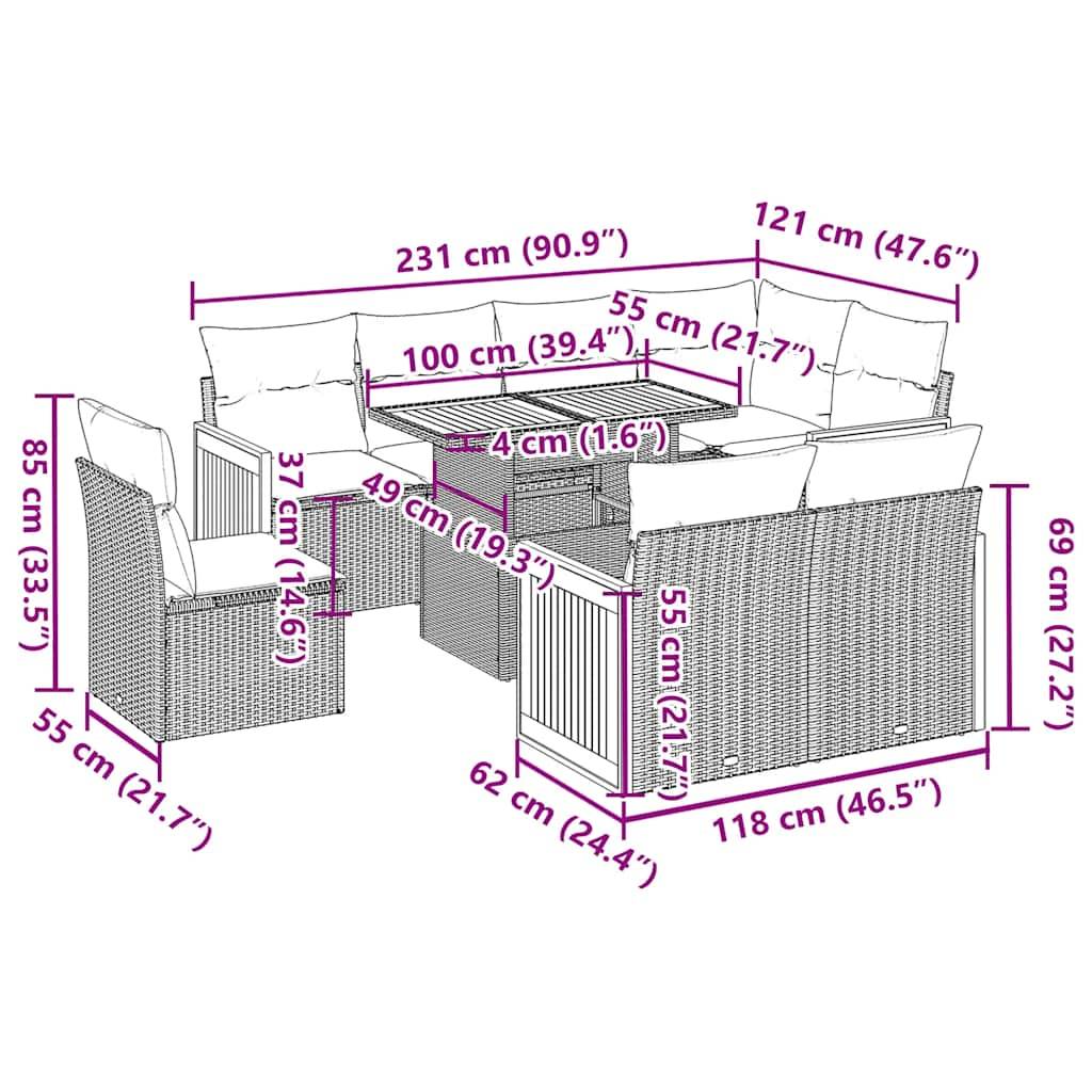 vidaXL 9-tlg. Garten-Sofagarnitur mit Kissen Grau Poly Rattan Akazie