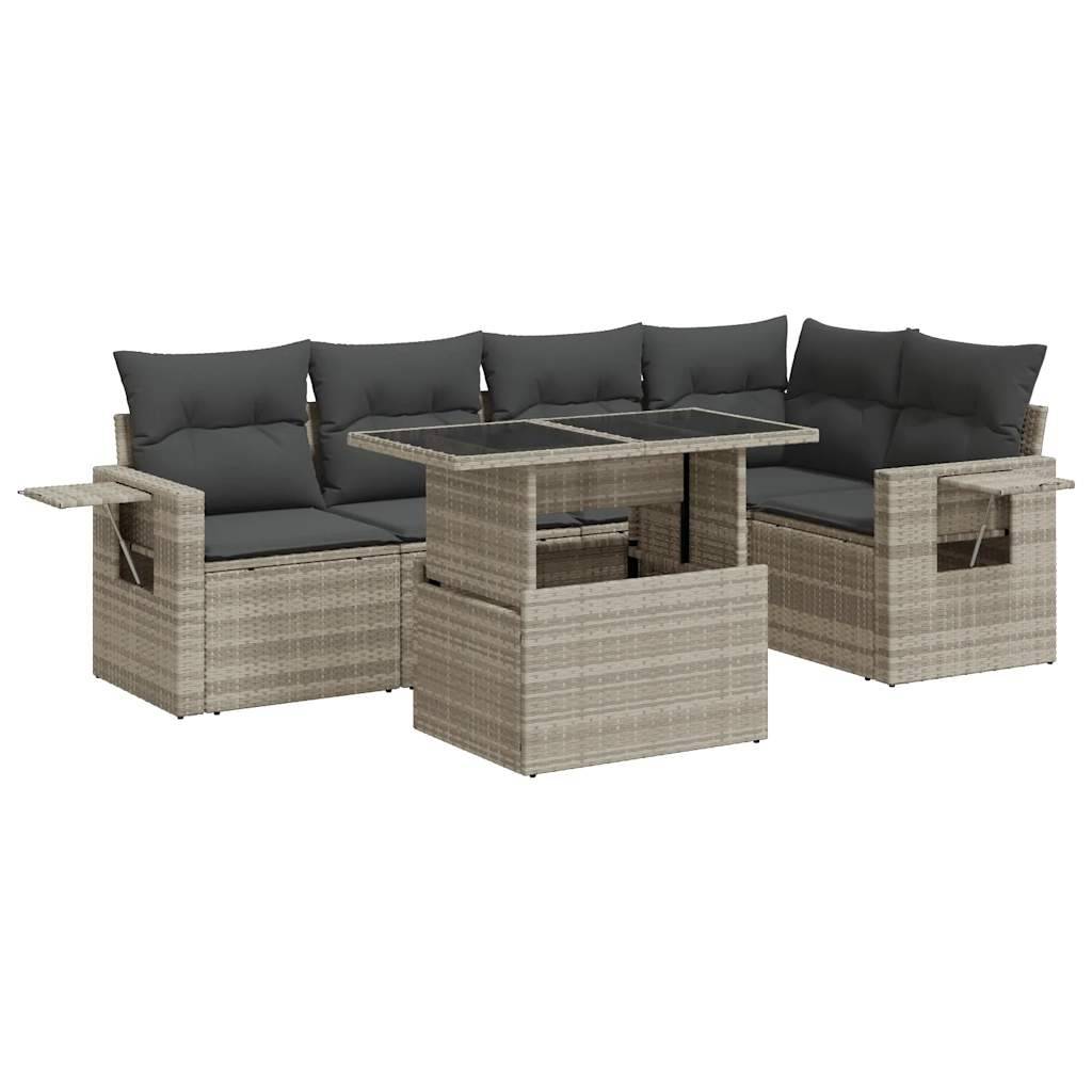 vidaXL 6-tlg. Garten-Sofagarnitur mit Kissen Hellgrau Poly Rattan