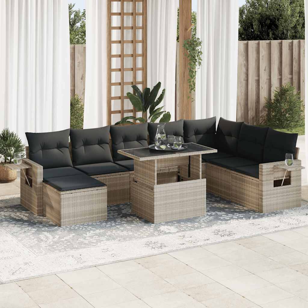 vidaXL 9-tlg. Garten-Sofagarnitur mit Kissen Hellgrau Poly Rattan