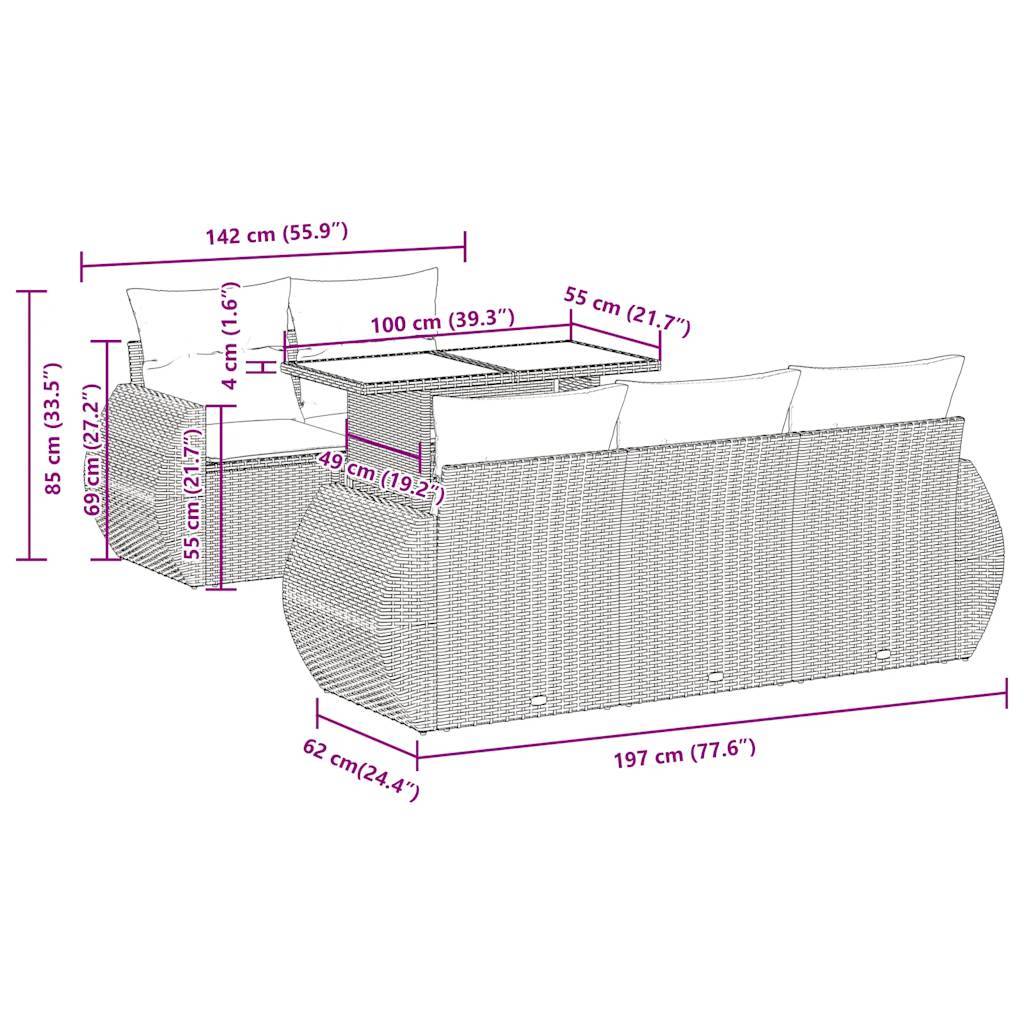 vidaXL 6-tlg. Garten-Sofagarnitur mit Kissen Schwarz Poly Rattan