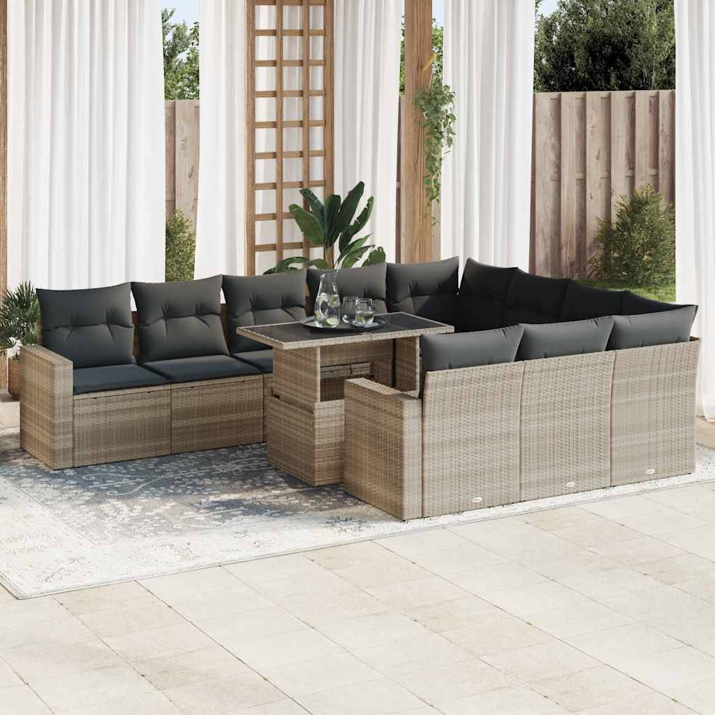 vidaXL 11-tlg. Garten-Sofagarnitur mit Kissen Hellgrau Poly Rattan