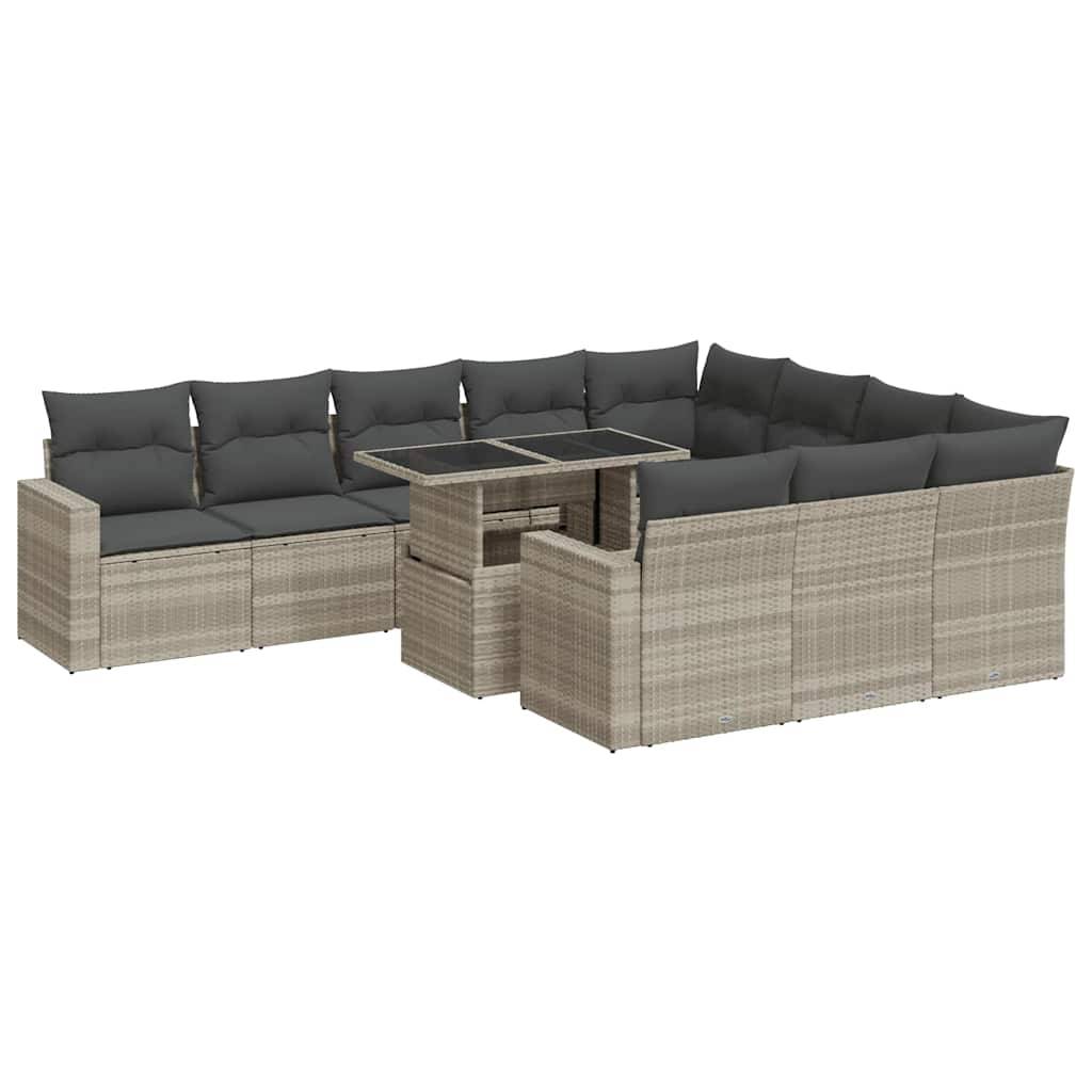 vidaXL 11-tlg. Garten-Sofagarnitur mit Kissen Hellgrau Poly Rattan