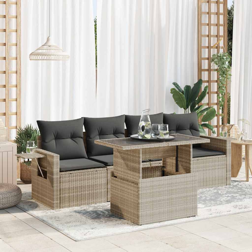 vidaXL 5-tlg. Garten-Sofagarnitur mit Kissen Hellgrau Poly Rattan