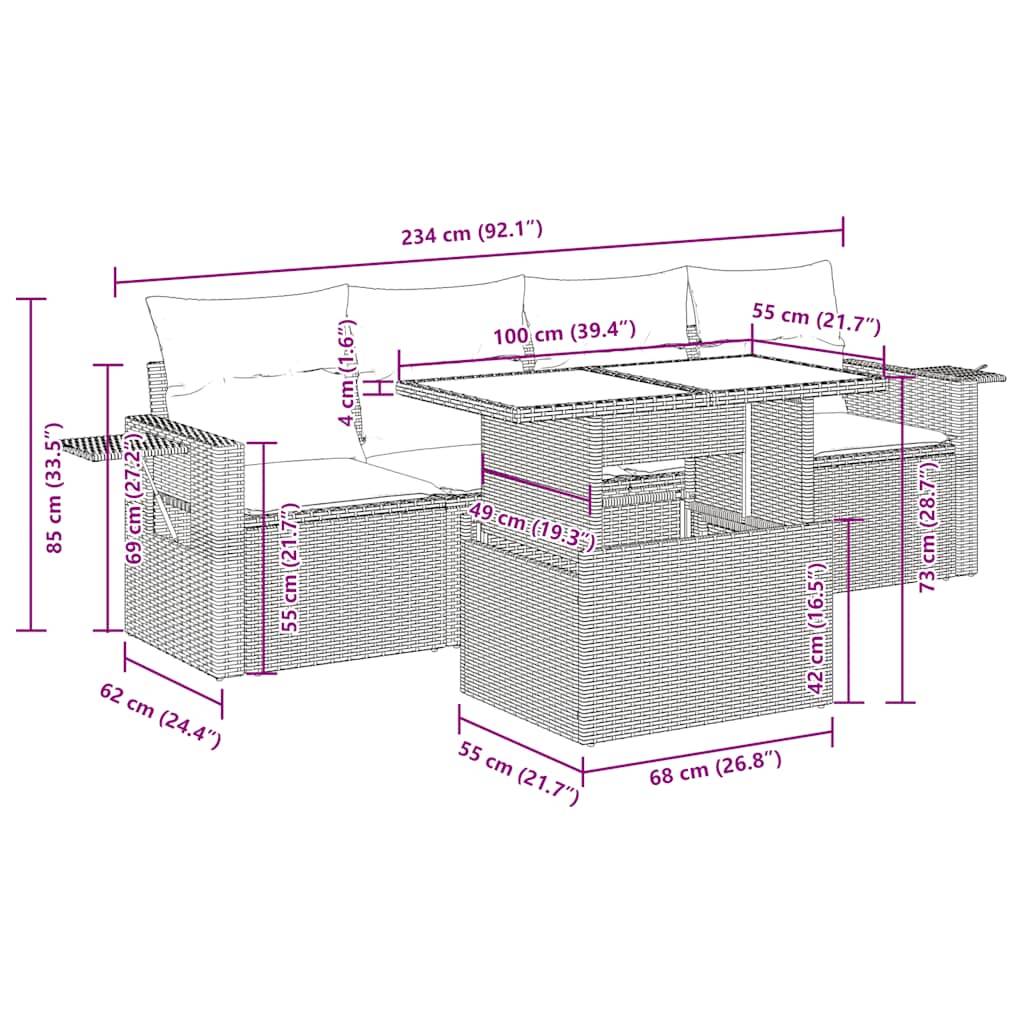 vidaXL 5-tlg. Garten-Sofagarnitur mit Kissen Hellgrau Poly Rattan
